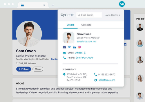 Screenshot of sample LinkedIn lead using UpLead Chrome extension.